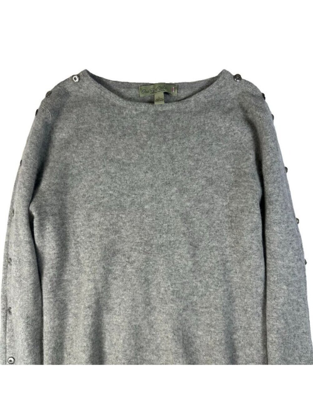 One Girl Who 100% Cashmere Gray Knit Sweater Large Button Sleeve Shoulder Crew - Picture 3 of 12